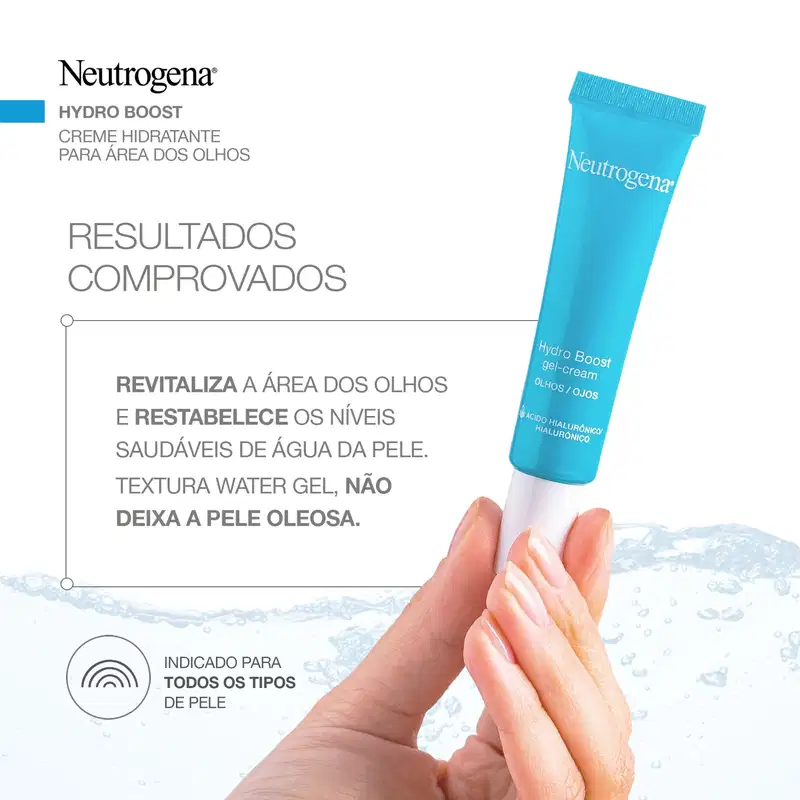 A imagem mostra um folheto com uma mão segurando a bisnaga azul para área dos olhos e informações sobre os resultados comprovados pós uso do produto.