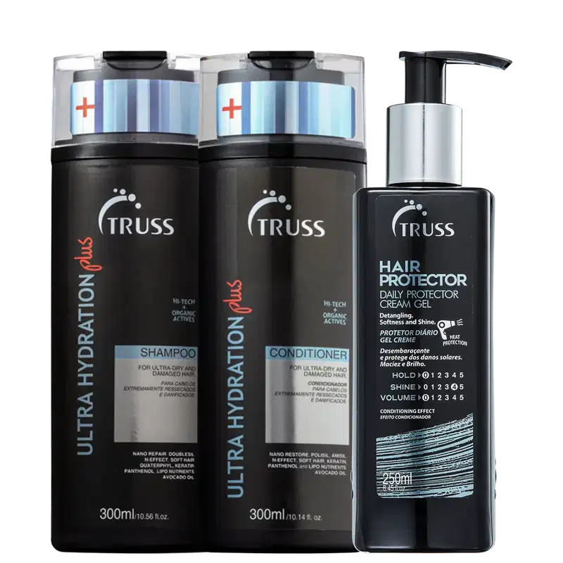 A imagem mostra três produtos da marca Truss para cuidados com os cabelos. São dois frascos grandes de 300ml contendo Shampoo e Condicionador da linha Ultra Hydration Plus. Há também um frasco menor, do leave-in Hair Protector.
