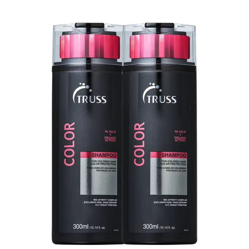 A imagem mostra dois frascos grandes de shampoo da marca Truss, da linha "Color", claramente destinados a cabelos coloridos ou com tratamento de cor.