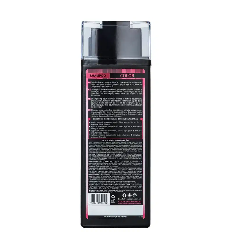 A imagem mostra um shampoo para cabelos coloridos da marca Truss. O produto é chamado "Color Shampoo" e é destinado a limpar suavemente, restaurar o brilho e prevenir o desbotamento de cabelos coloridos.