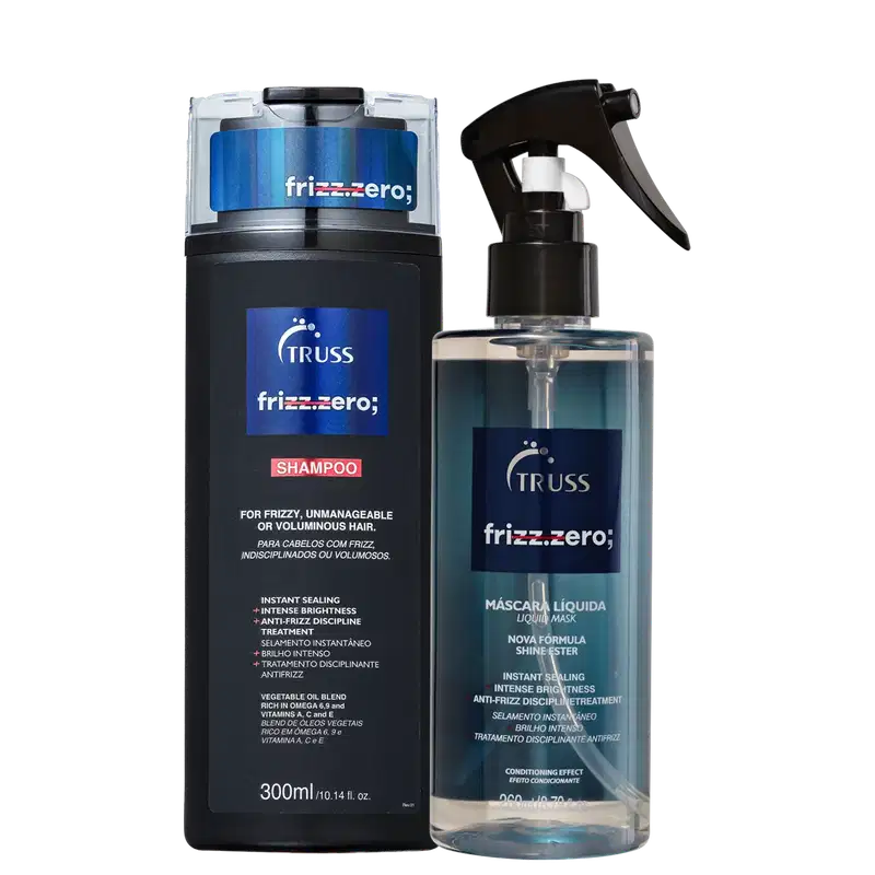 A imagem mostra produtos de cuidados capilares da marca Truss, da linha Frizz.zero, desenvolvidos especificamente para cabelos com frizz, indisciplinados ou volumosos. Os produtos apresentados são um shampoo e uma máscara líquida.