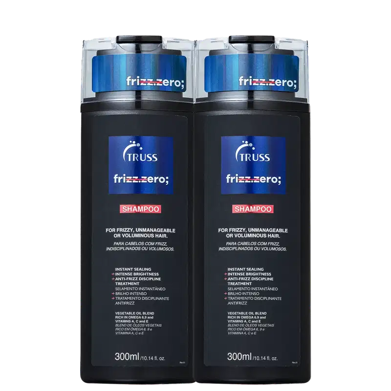 A imagem mostra dois frascos de shampoo da marca Truss, da linha frizz.zero. Esses shampoos são destinados para cabelos indisciplinados ou volumosos.