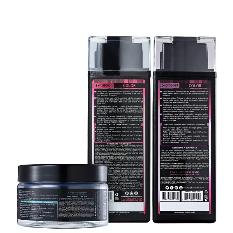 A imagem mostra dois produtos de cuidados capilares para cabelos coloridos, da linha Color de Truss. Um é um shampoo e o outro é um condicionador. Além disso, há a máscara capilar "Specific". As embalagens trazem informações sobre instruções de uso.