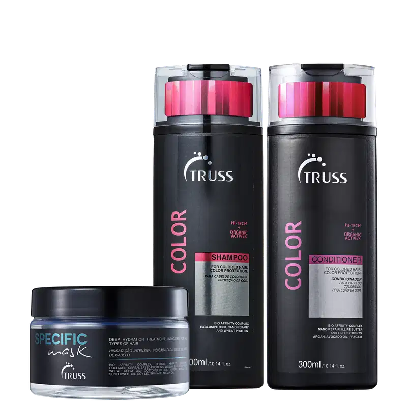 A imagem mostra produtos da marca Truss. São apresentados:

1- Shampoo Color
2- Condicionador Color
3- Máscara Capilar Specific