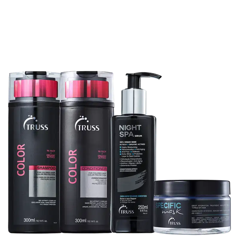 Na imagem um shampoo e condicionador da linha Color em embalagem preta com detalhes em prata e rosa. Um sérum noturno e uma máscara capilar.