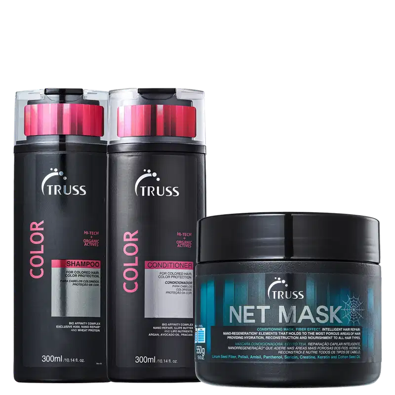 Kit Truss Color para cabelos coloridos inclui shampoo, condicionador e máscara Net Mask. Protege a cor, repara danos, hidrata e fortalece os fios. Ideal para manter cabelos saudáveis, sedosos e com uma cor vibrante.