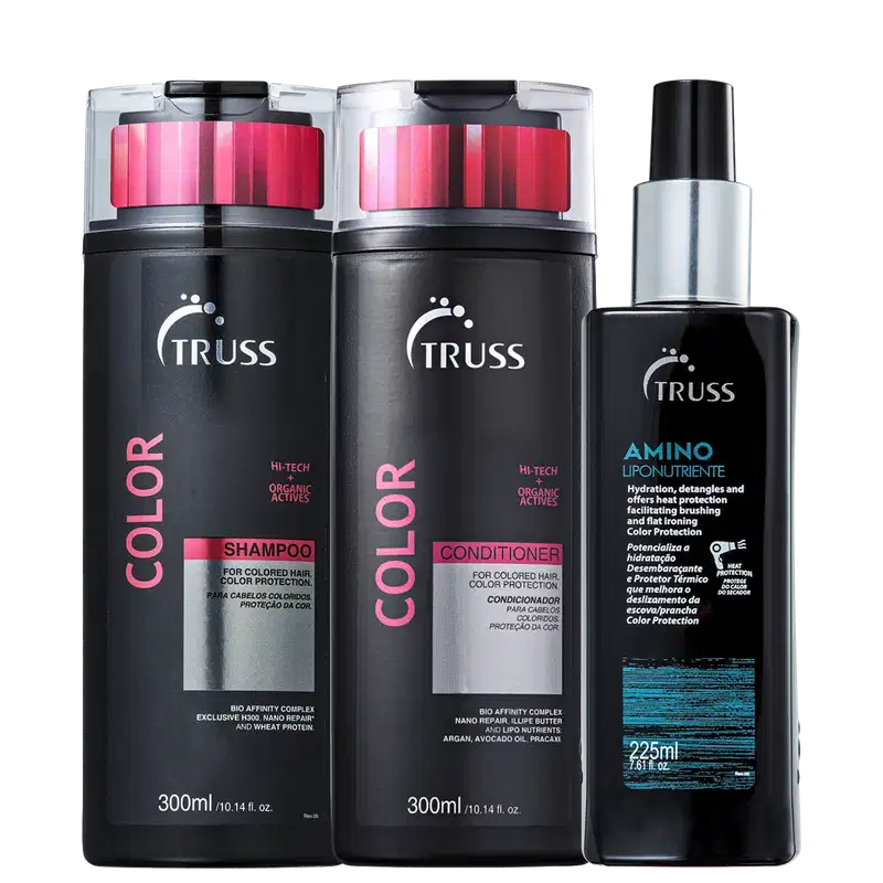 Na imagem há um shampoo e um condicionador de 300ml cada, ambos da linha Color. Eles têm um design preto com detalhes em rosa. O terceiro produto é um leave-in de 225ml que hidrata, desembaraça, protege a cor e facilita o alisamento dos cabelos.