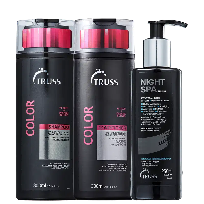 Na imagem um shampoo e um condicionador da linha Color, ambos em embalagens pretas e rosa, para proteção da cor e tratamento dos fios. Também há um sérum noturno chamado Night Spa, em embalagem preta com ativos orgânicos e high-tech para hidratação.