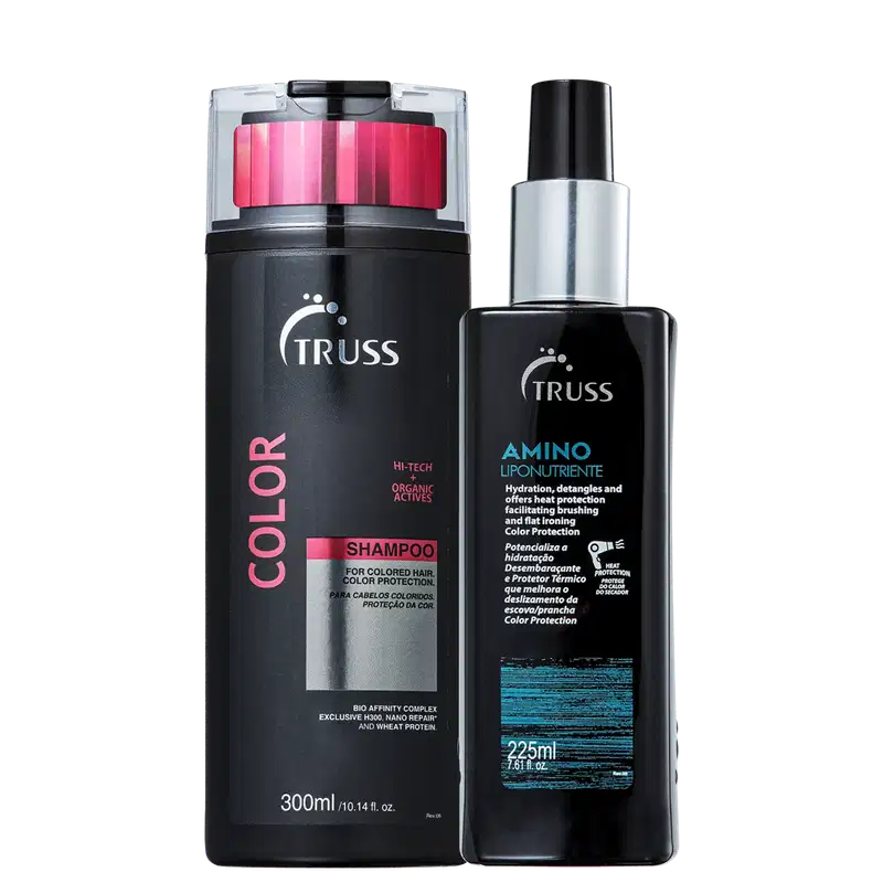 Na imagem há um shampoo de 300ml da linha Color. Ele têm um design preto com detalhes em rosa. Ao lado há um leave-in de 225ml que hidrata, desembaraça, protege a cor e facilita o alisamento dos cabelos.