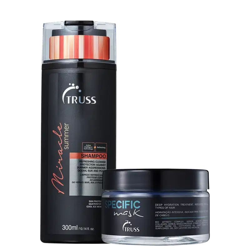 Na imagem um frasco de shampoo da Linha Miracle Summer de 300ml. Ao lado uma máscara capilar Specific de 180g. Ambos estão em embalagens pretas.