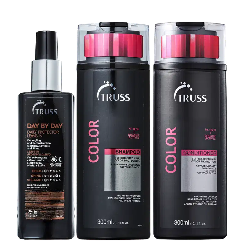 A imagem mostra uma linha de produtos para cabelos da marca Truss. São eles:
- Shampoo Color
- Condicionador Color
- Leave-in Day By Day