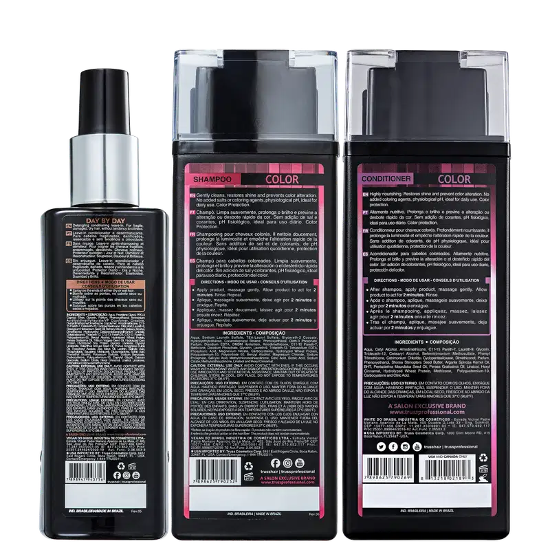 A imagem mostra três produtos de cuidados capilares da marca Truss. Todos os produtos apresentam rótulos detalhados com instruções de uso e composição em português.