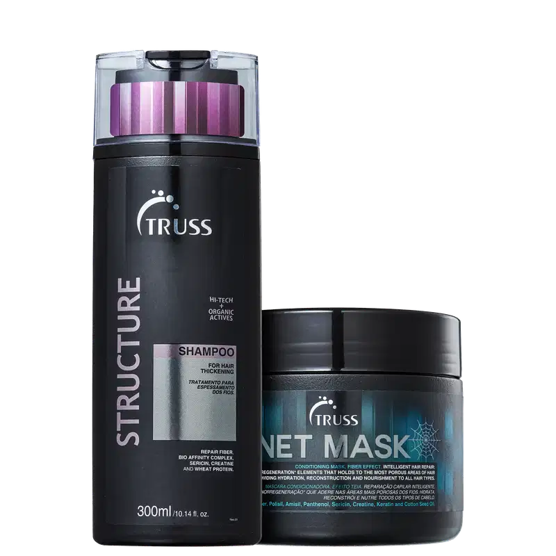 A imagem mostra 2 produtos TRUSS lado a lado. O primeiro é o shampoo Structure, numa embalagem de 300ml da cor preta com detalhes prateados e rosa. O segundo é a Net Mask em uma embalagem de 550g preta, rótulo com letras prateadas e detalhes azuis.