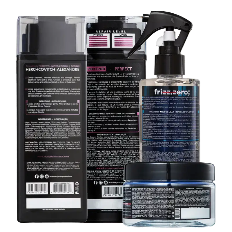 A imagem mostra a parte de trás dos produtos do kit, contendo modo de uso, ingredientes e outras informações em letras miúdas.