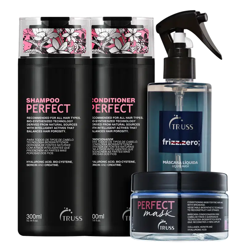A imagem mostra 4 produtos TRUSS lado a lado. Temos o shampoo, condicionador e máscara Perfect, com embalagem preta e letras em rosa e branco; e o Frizz Zero de embalagem spray com tampa preta e rótulo azul.