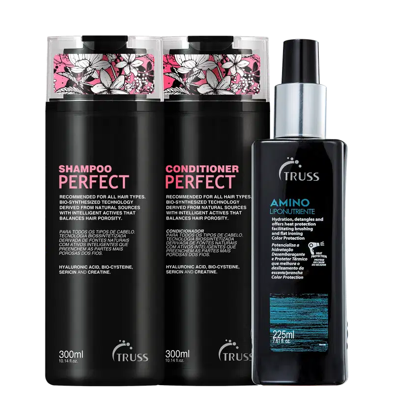 A imagem mostra 3 produtos TRUSS lado a lado. Temos o shampoo e condicionador Perfect, com embalagem preta e letras em rosa e branco com desenho de flores na tampa; e o Amino com embalagem pump preta, rótulo com  letras brancas e detalhes azuis.