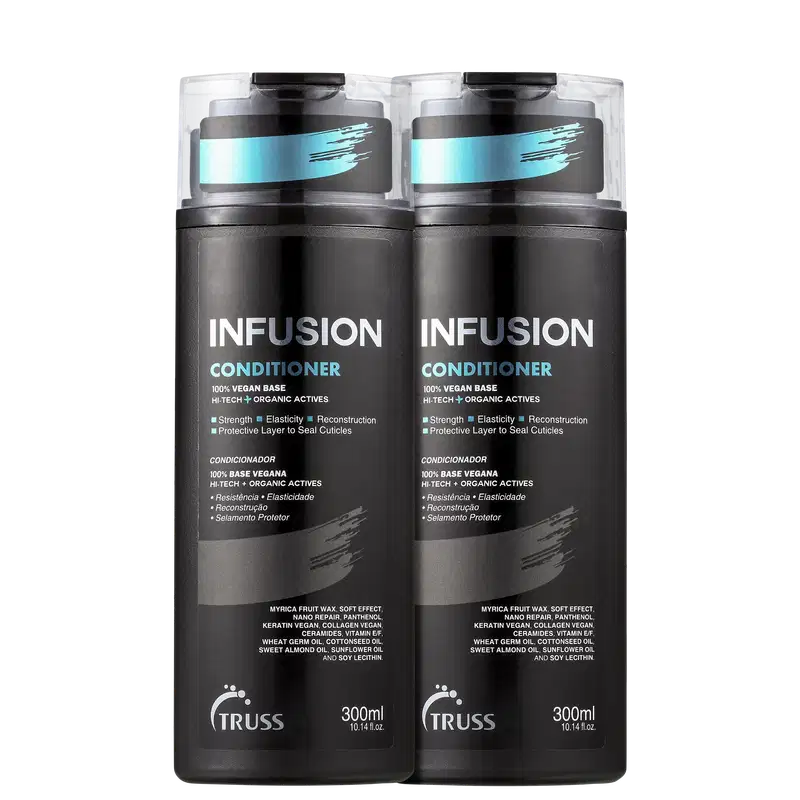 A imagem mostra dois frascos de condicionador da marca Truss, chamado "Infusion Conditioner". Os frascos são pretos e têm detalhes em azul claro e metalizado. Cada frasco contém 300ml do produto.