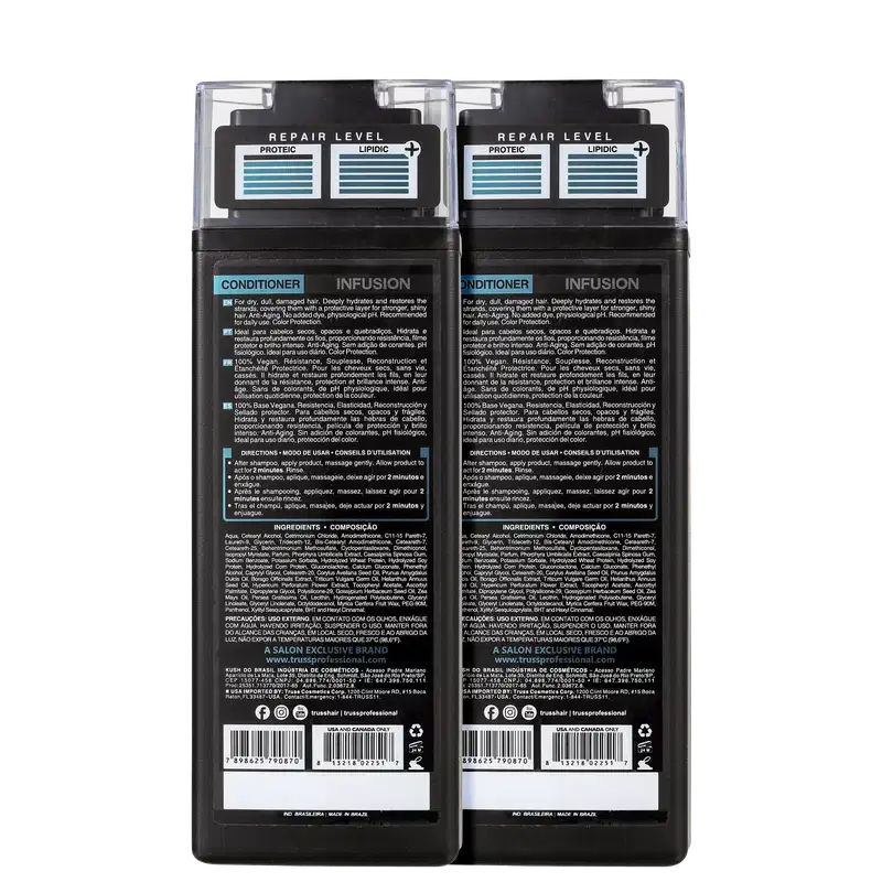 A imagem traz o verso dos dois produtos e os rótulos que detalham melhor as informações das fórmulas como o modo de uso, ingredientes e precauções.