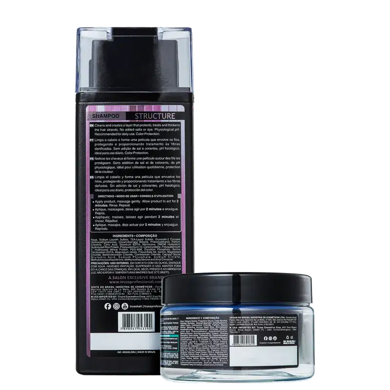 A imagem traz o verso dos dois produtos e os rótulos que detalham melhor as informações das fórmulas como o modo de uso, ingredientes e precauções.
