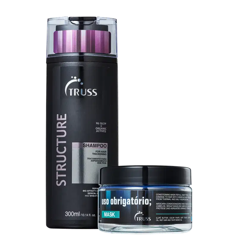 A imagem mostra dois produtos de cuidados capilares da marca Truss. O primeiro é um shampoo apresentado em um frasco preto com detalhes em roxo. O segundo produto é uma máscara capilar que vem em um pote transparente com rútulo preto e detalhes em azul.