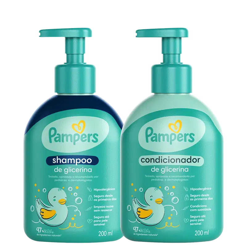 A imagem mostra shampoo e condicionador Pampers em embalagem pump de 200ml na cor verde claro com ilustração de um patinho no rótulo.