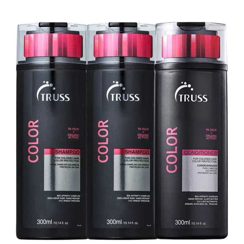 A imagem mostra três frascos de produtos para cabelos coloridos da marca Truss. São dois shampoos e um condicionador, todos com embalagens pretas de 300ml.