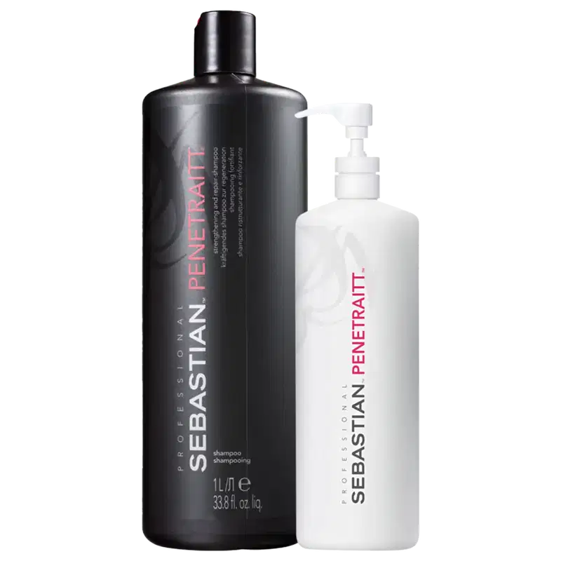 Dois produtos de cuidados capilares da marca Sebastian Professional. Um é um shampoo em uma embalagem preta de plástico de 1 litro, com o nome "Sebastian Penetraitt". O outro é um produto em uma embalagem branca, também com o nome "Sebastian Penetraitt".