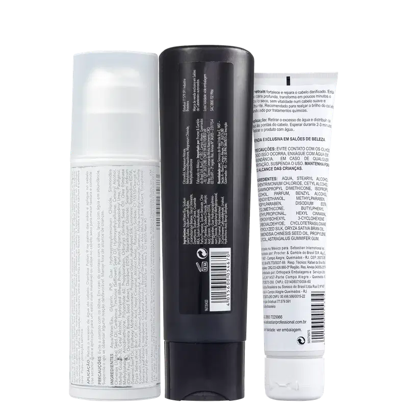 São três produtos de cuidados capilares da marca Sebastian Professional. 
Os frascos exibem rótulos com informações detalhadas sobre os ingredientes, instruções de uso e avisos em português.