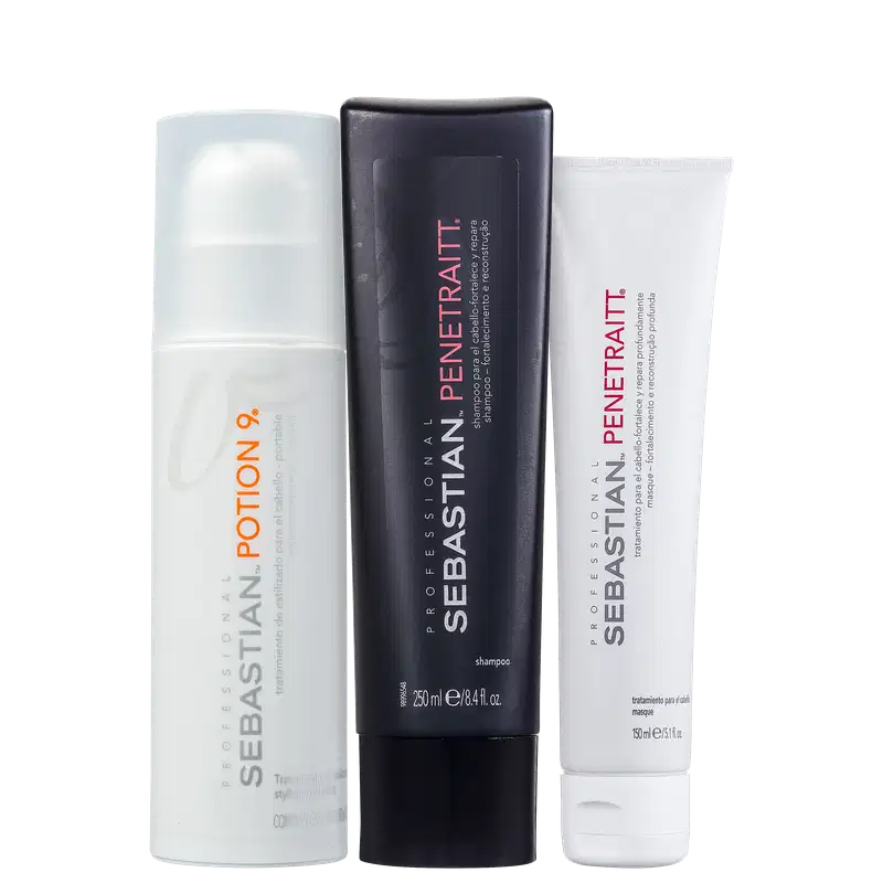 Produtos capilares da marca Sebastian Professional. O primeiro é um frasco branco com detalhes laranja, o Potion 9. O segundo é um shampoo em uma embalagem preta, o Sebastian Penetraitt. O terceiro é uma máscara em um tubo branco, a Sebastian Penetraitt.