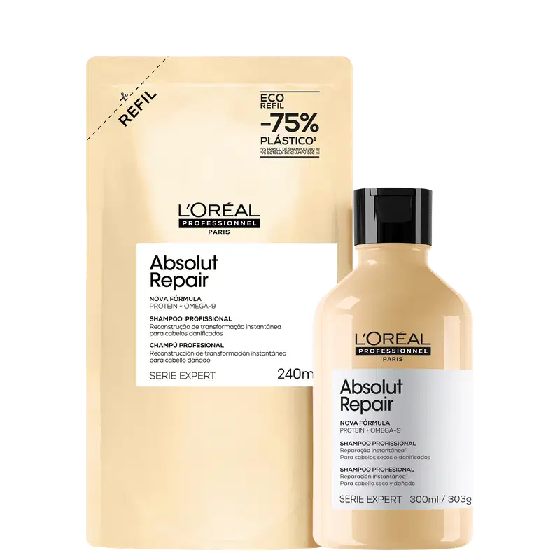 Embalagem de shampoo profissional da marca L'Oréal Professionnel, com frasco plástico preto e rótulo bege. Texto indica "Absolut Repair" e "Nova fórmula Protein + Omega-9". Também mostra informações sobre o tamanho do produto e a série expert.