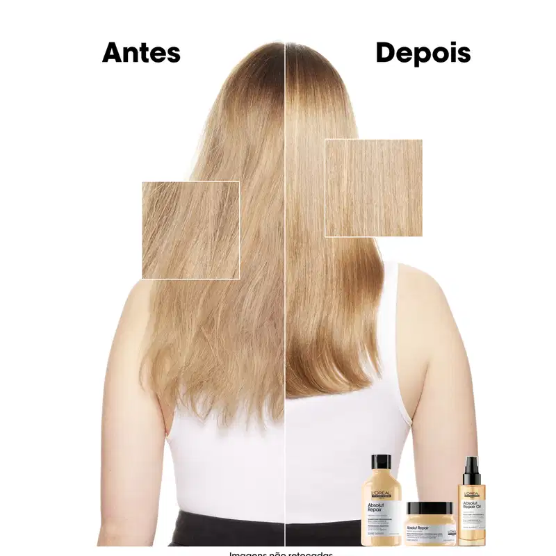 Imagem mostra antes e depois de cabelo loiro alisado. Ao lado, itens de perfumaria da marca L'Oréal, incluindo óleo e creme para tratamento capilar. Fundo branco destaca os produtos e a transformação do cabelo.