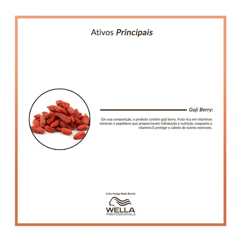 A foto mostra uma imagem circular com vários pedaços alongados de cor vermelha, que são os goji berries. O texto descreve que o produto contém essa fruta rica em vitaminas, minerais e peptídeos que proporcionam hidratação, nutrição.