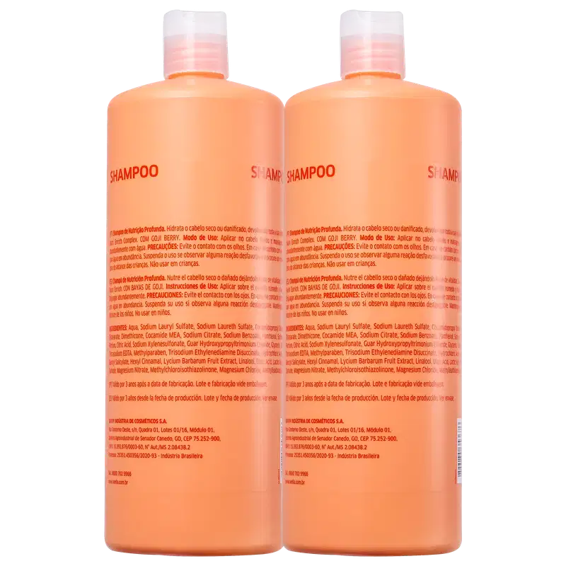 Dois frascos de shampoo Wella Professionals Nutri-Enrich de 1 litro cada. As embalagens têm a parte superior branca e o rótulo laranja com o logotipo e nome da marca Wella Professionals em vermelho.