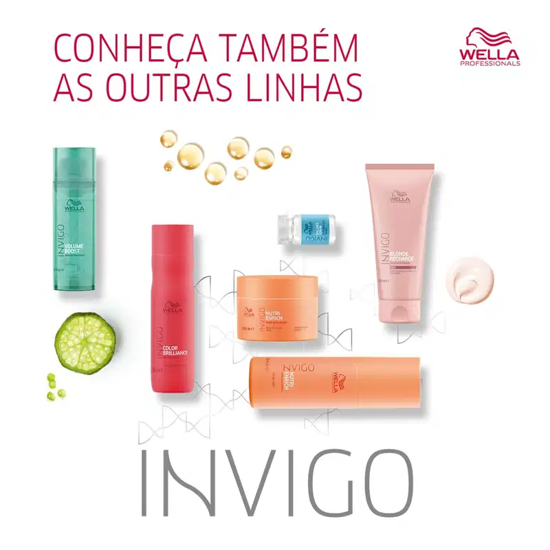 A imagem apresenta uma variedade de produtos de cuidados capilares da marca Wella Professionals: "Invigo Volume Boost": "Color Brilliance": "Nutri-Enrich" e "Blonde Recharge".