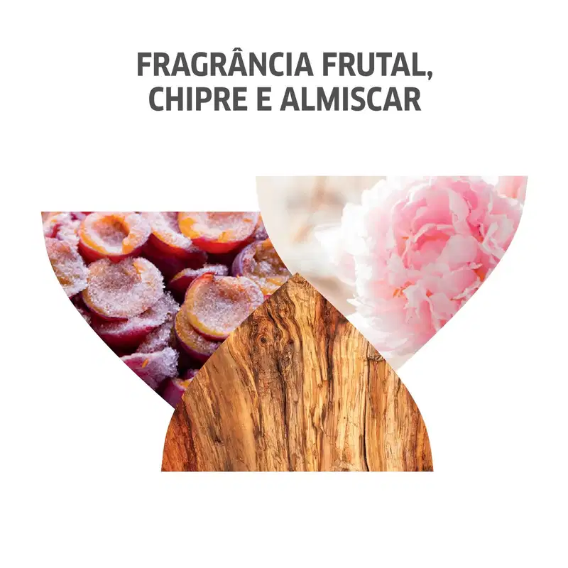 O produto apresentado é uma fragrância frutal, chipre e almiscarada. A imagem mostra duas fotos: uma de pêssegos cortados ao meio com açúcar por cima, representando o aroma frutal; e outra de uma rosa rosa vibrante, simbolizando a fragrância floral.