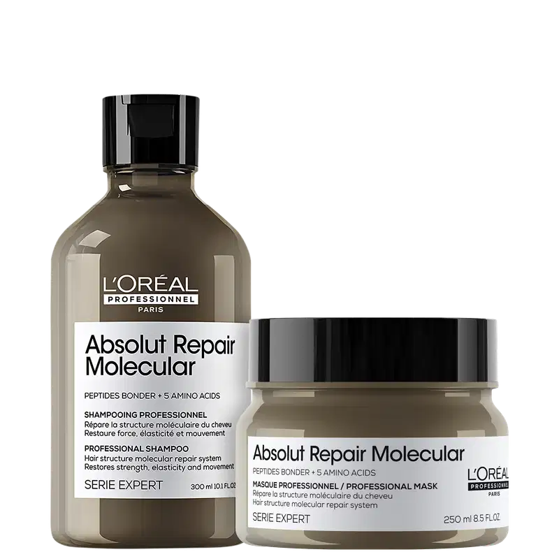 A imagem mostra dois produtos da linha L'Oréal Professionnel Série Expert Absolut Repair Molecular: um shampoo em um frasco marrom com tampa preta, contendo 300ml e uma máscara capilar em um pote plástico marrom com tampa preta, contendo 250ml.