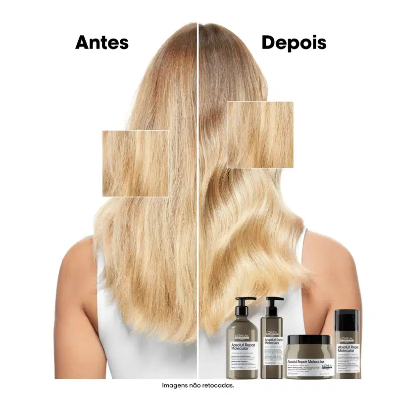 Imagem promocional da linha Absolut Repair Molecular da L'Oréal Professionnel, exibindo o antes e depois do tratamento capilar. Fundo branco com produtos da linha em destaque, evidenciando a transformação dos fios.