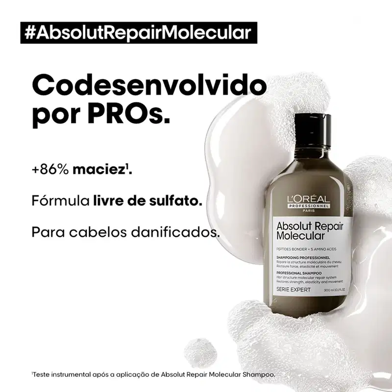 O anúncio apresenta o produto Absolut Repair Molecular da L'Oréal Professionnel, um shampoo profissional que promete reparar a estrutura molecular dos cabelos danificados, com fórmula livre de sulfato e 86% de melhora na maciez.