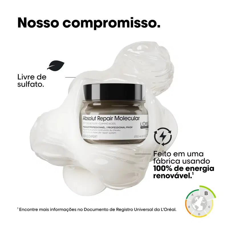 Produto de tratamento capilar da marca L'Oréal Professionnel, o Absolut Repair Molecular, em um ambiente minimalista e monocromático, com destaque para a embalagem do produto e informações sobre sua composição e processo de fabricação sustentável.
