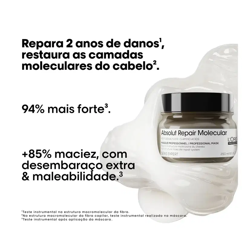 O anúncio apresenta um produto de tratamento capilar da marca L'Oréal Professionnel, o Absolut Repair Molecular, destacando seus benefícios de reparação e fortalecimento dos fios em um ambiente minimalista e monocromático.