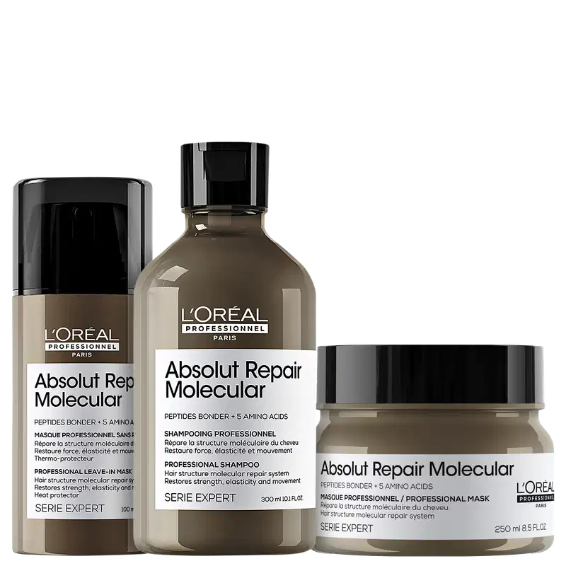 A imagem mostra três produtos da linha Absolut Repair Molecular da L'Oréal Professionnel. Um frasco marrom contendo shampoo de 300ml. Uma máscara em um pote plástico marrom de 250ml. E uma máscara de tratamento sem enxágue em um frasco marrom de 100ml.