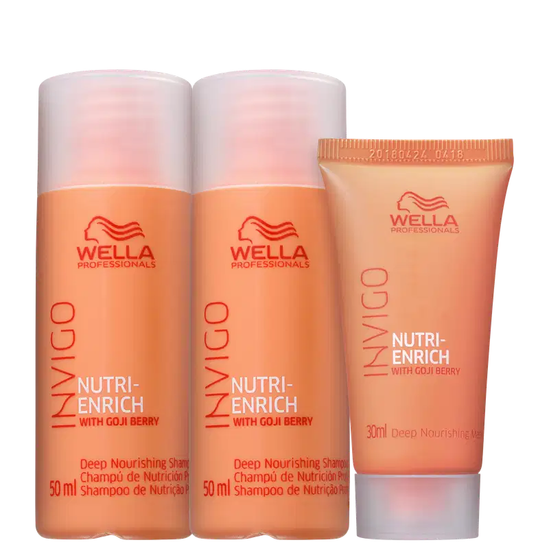 A imagem mostra o Kit Wella Nutri-Enrich com dois shampoos de 50ml, e uma máscara de 30ml. Os produtos apresentam o logotipo da Wella com perfil estilizado de uma mulher com cabelos esvoaçantes e as cores predominantes são laranja e branco.