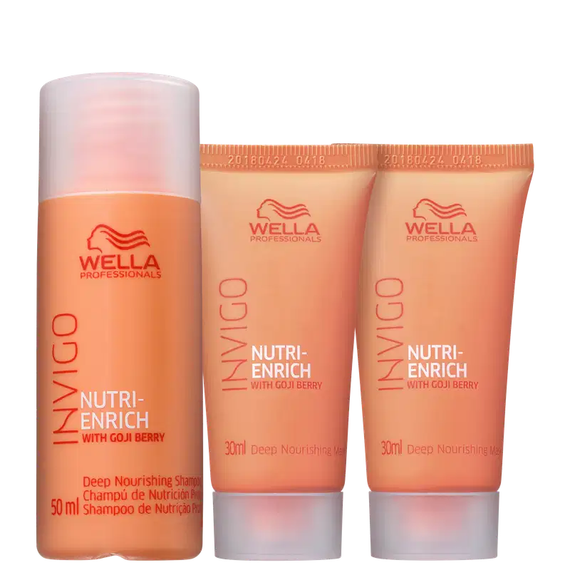A imagem mostra o Kit Wella Nutri-Enrich com duas máscaras de 30ml e um shampoo de 50ml. As embalagens apresentam o logotipo da marca Wella com perfil estilizado de uma mulher com cabelos esvoaçantes e as cores predominantes são laranja e branco.