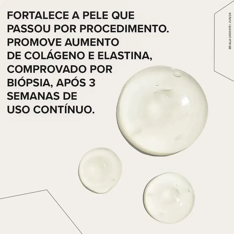 O texto em letras grandes destaca que o produto "fortalece a pele que passou por procedimento", promove aumento de colágeno e elastina comprovado por biópsia após 3 semanas de uso contínuo."