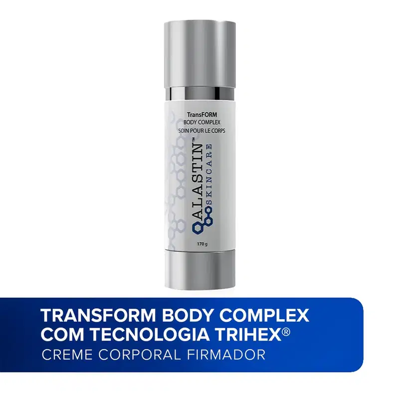 Creme firmador corporal Alastin. Abaixo, imagem promocional azul com texto "TRANSFORM BODY COMPLEX COM TECNOLOGIA TRIHEX - CREME CORPORAL FIRMADOR" em letras brancas.