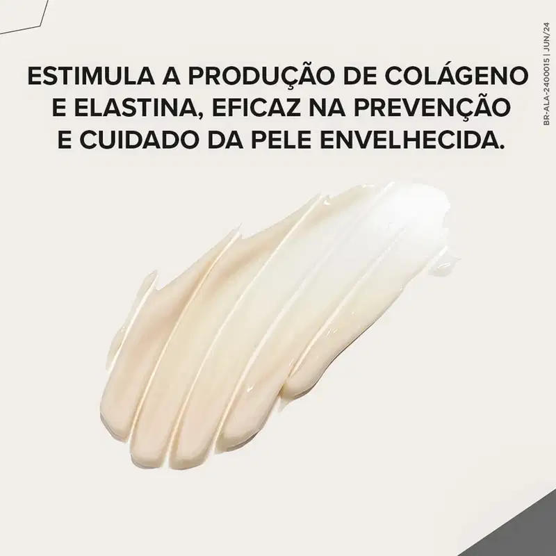 Apresenta uma gota do creme. Acima, o texto em português afirma que o produto estimula a produção de colágeno e elastina, sendo eficaz na prevenção e cuidado da pele envelhecida. Não há embalagem ou frasco visível, apenas a amostra do produto em si.