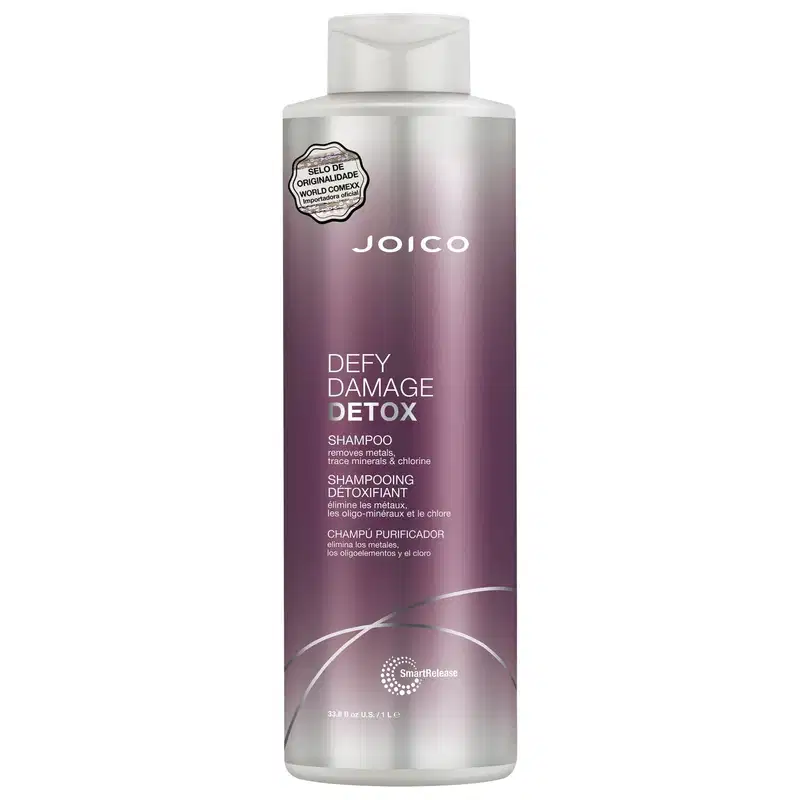Shampoo Joico Defy Damage Detox de 1 litro com embalagem roxa e prata.