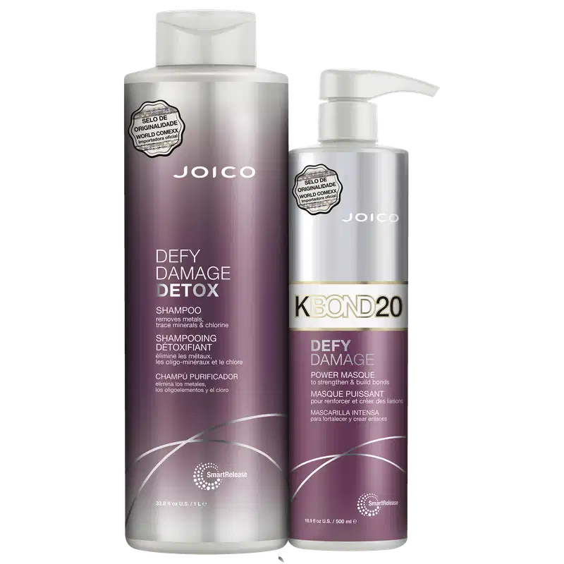 Kit com shampoo Joico Defy Damage Detox de 1 litro e máscara Joico Defy Damage KBOND20 Power Mask de 500ml.