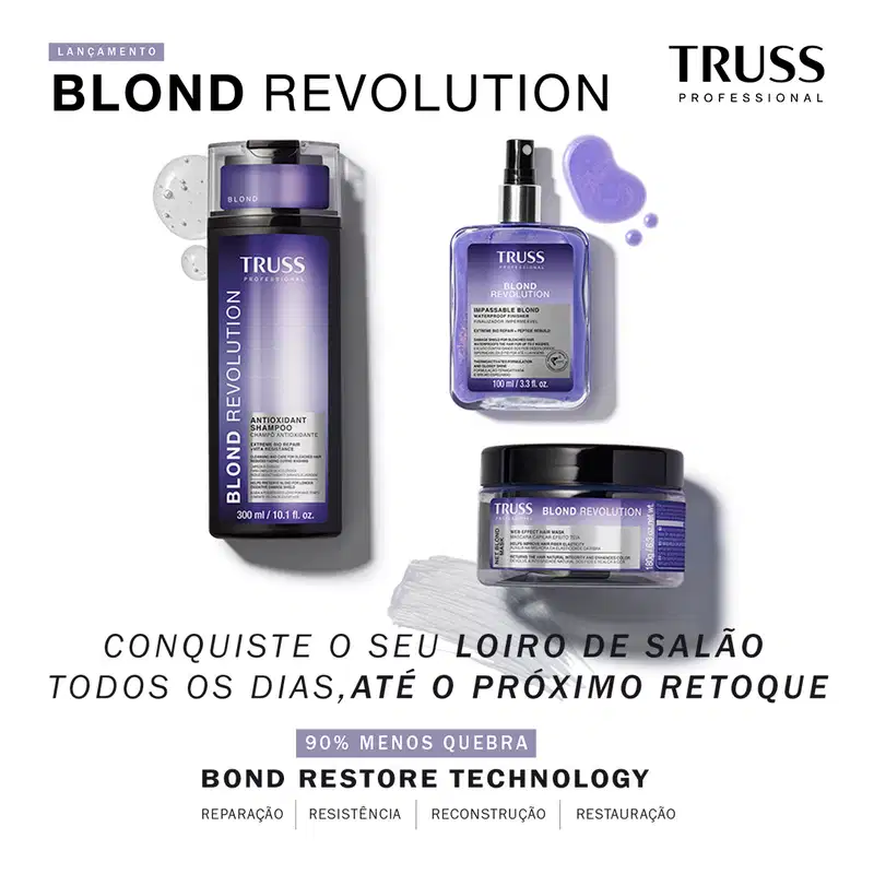 Imagem mostra os três produtos da linha Blond Revolution e texto destaca: conquiste o seu loiro de salão todos os dias, até o próximo retoque.