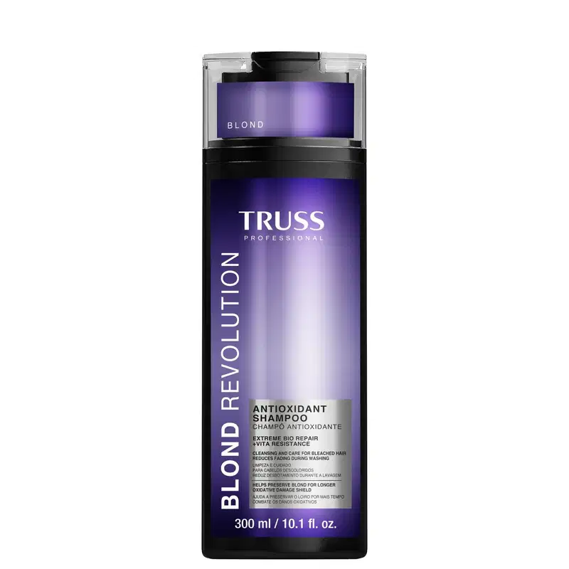 Imagem mostra o frasco retangular roxo do shampoo Truss Blond Revolution.